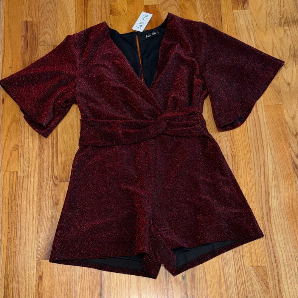 fab'rik Lottie Twist Front Metallic Romper - Red, Size Large